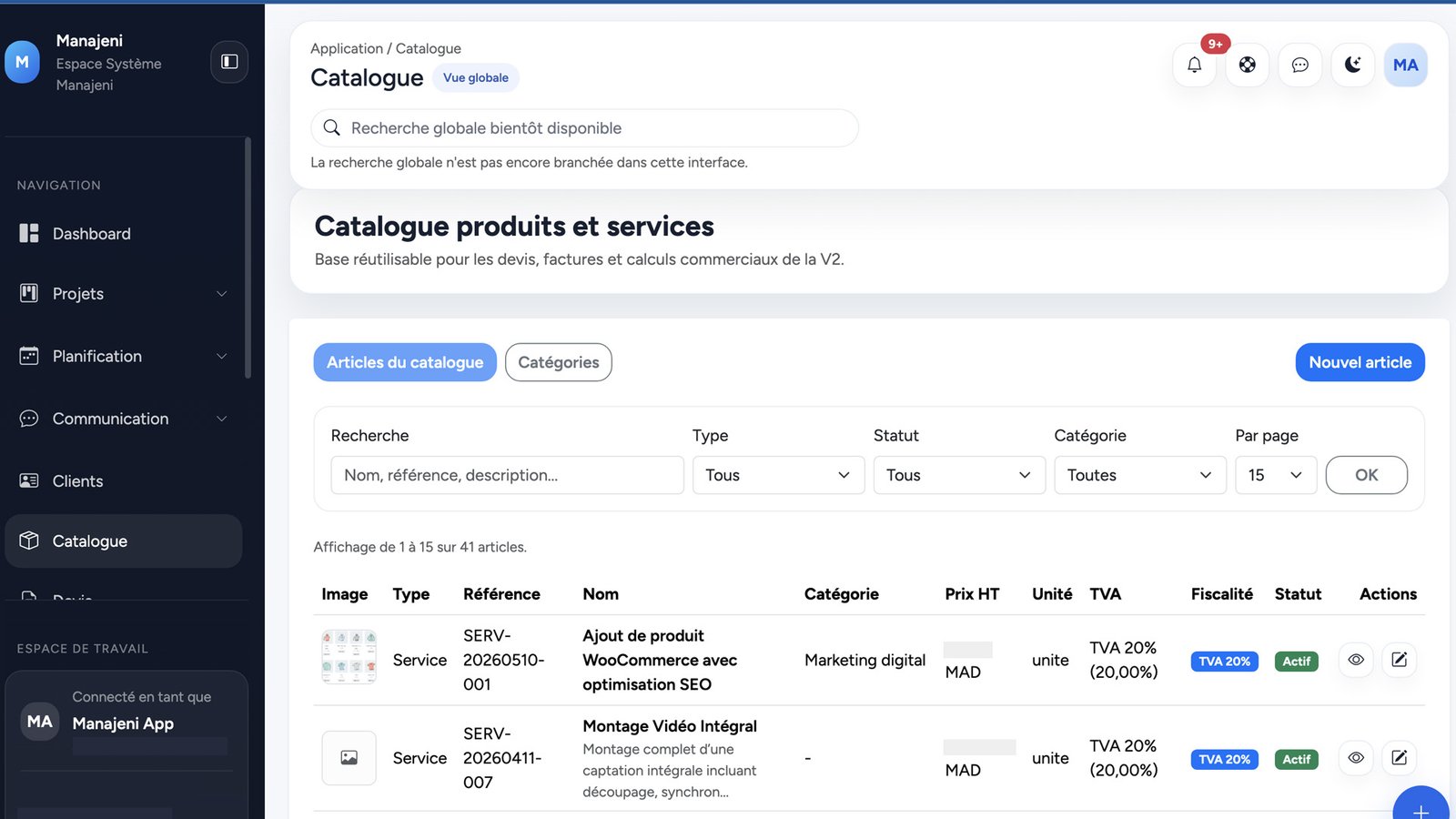 Aperçu Centralisez vos produits et services dans un catalogue professionnel